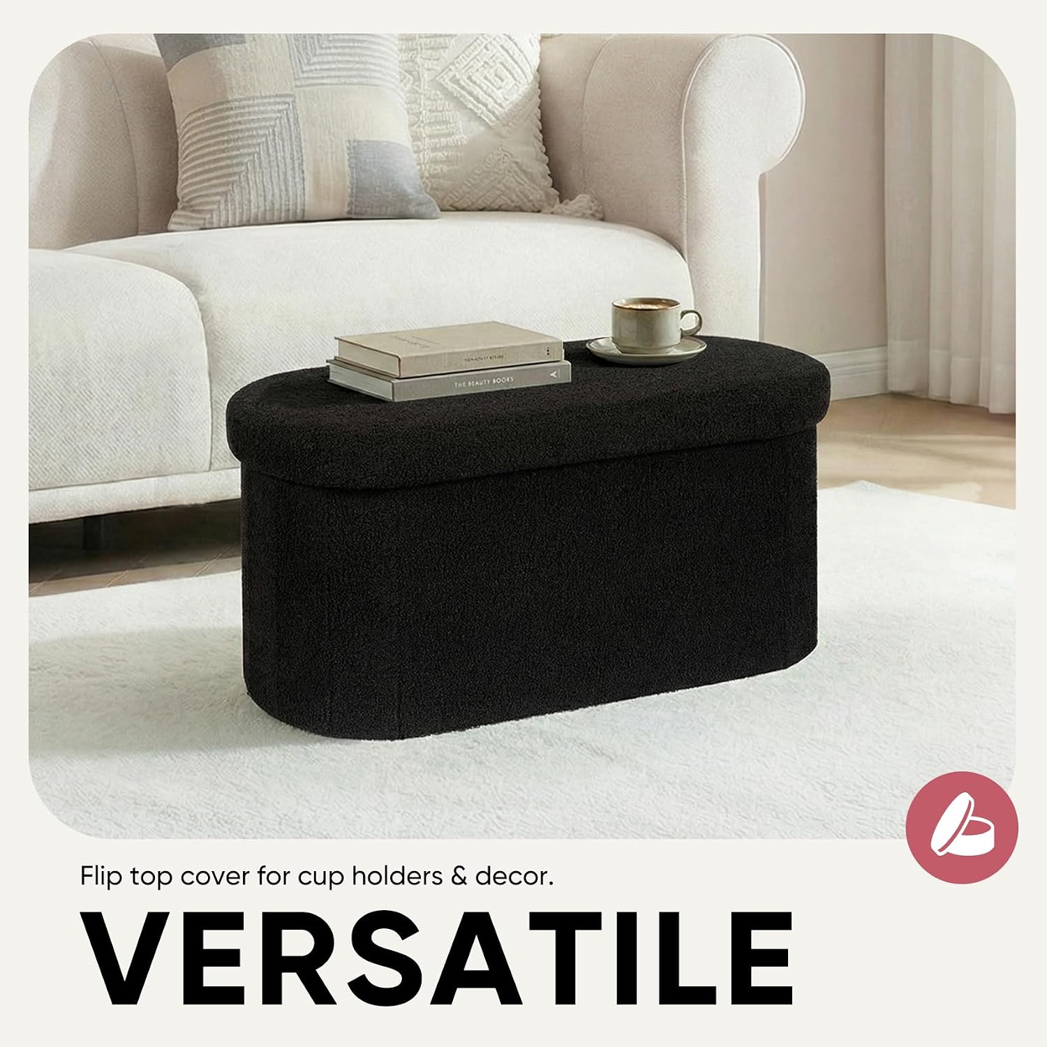 30 Inches Oval Ottoman with Storage, Boucle Sherpa Storage Ottoman Bench, Folding Foot Rest Chest for Bedroom Living Room