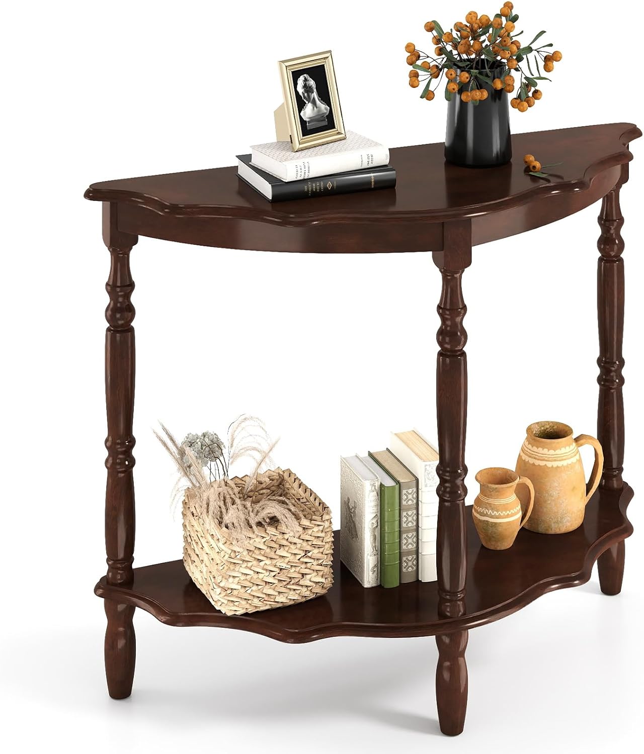 GOFLAME Half Moon Entryway Table, Retro Console Table with Storage Shelf & Solid Rubber Wood Legs, Vintage Display Accent Table, 2-Tier Curved Sofa Table for Living Room, Hallway, Entry, Walnut