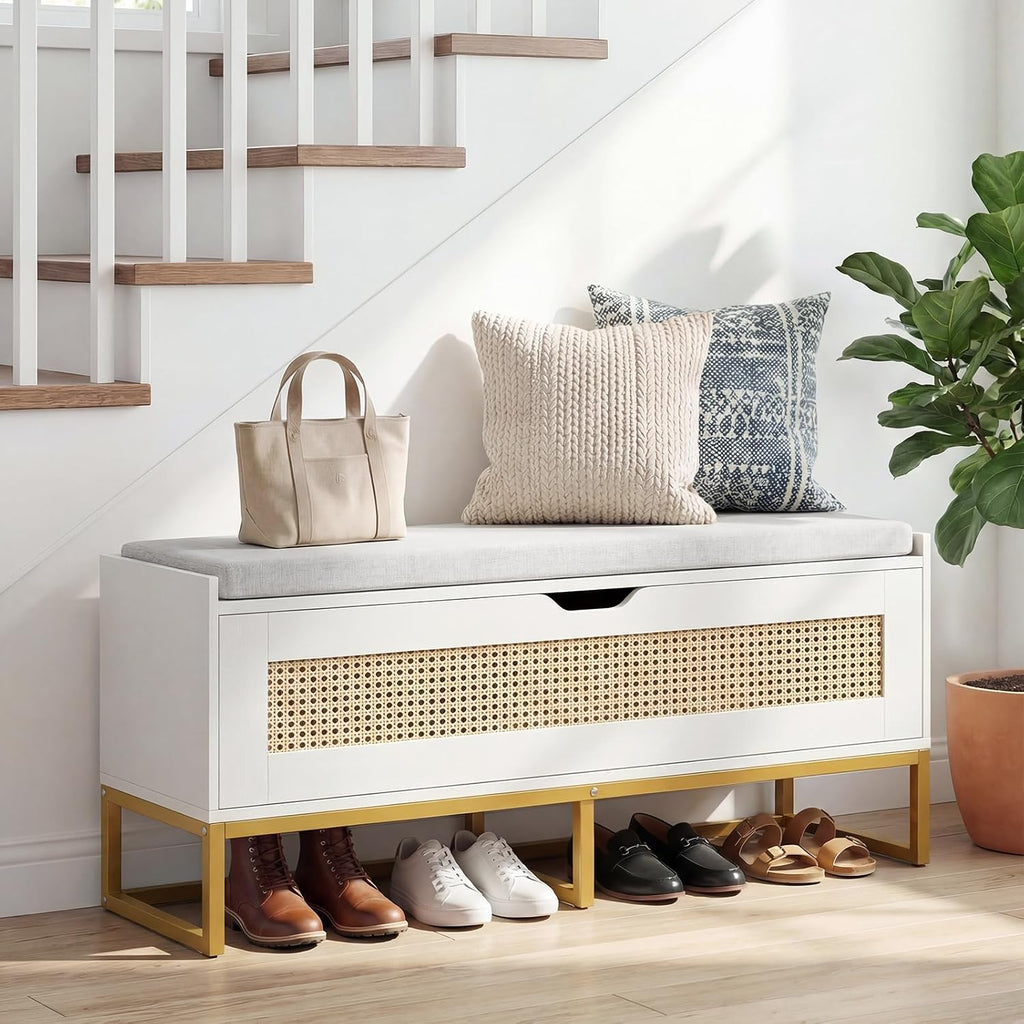 Giantex Rattan Shoe Bench, Flip-Top Entryway Bench with Removable Padded Seat & Hidden Storage, Wooden Shoe Storage Chest with Metal Legs for Bedroom, Hallway, 440 lbs Max Load (White & Gold)
