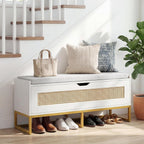 Giantex Rattan Shoe Bench, Flip-Top Entryway Bench with Removable Padded Seat & Hidden Storage, Wooden Shoe Storage Chest with Metal Legs for Bedroom, Hallway, 440 lbs Max Load (White & Gold)