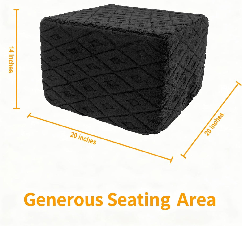 Fluffy Square Ottoman Pouf with All-in-One Foam Filling 20 x 14 Inches Furry Ottoman Foot Rest Foot Stool for Living Room or Bedroom (Black)