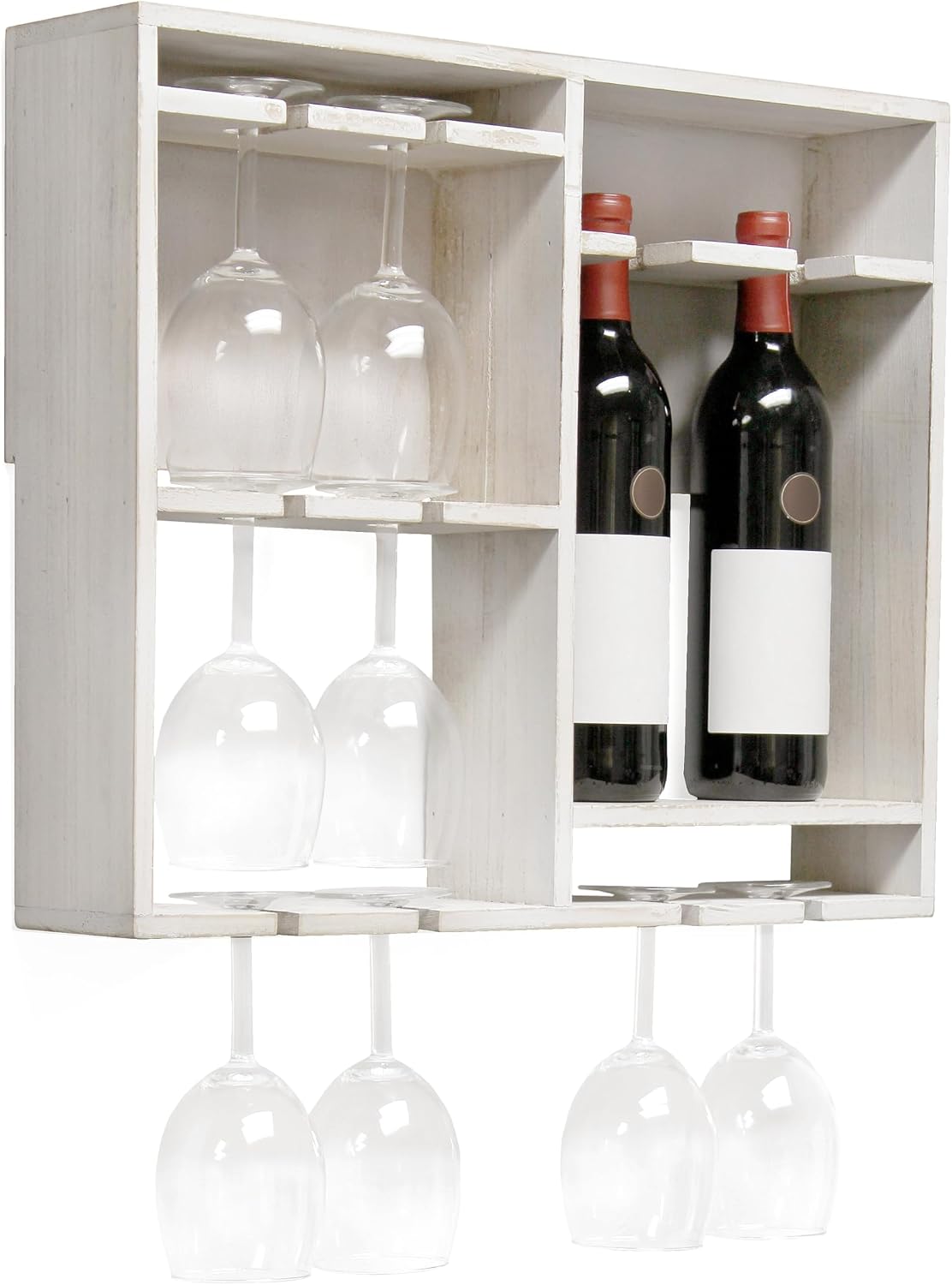 Elegant Designs HG1029-WWH 16.4" Wine & Dine Wooden Wall Mounted Wine Rack Shelf, Stemware Holder, for Dining Room, Bar, Kitchen, White Wash