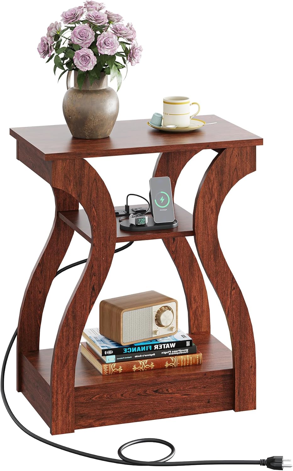 WLIVE End Tables Living Room Set of 2, Cherry Side Tables with Charging Station, Nightstand for Bedroom, 3 Tier End Table with Storage Shelf, Side Table Set of 2 for Living Room, Cherry