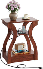WLIVE End Tables Living Room Set of 2, Cherry Side Tables with Charging Station, Nightstand for Bedroom, 3 Tier End Table with Storage Shelf, Side Table Set of 2 for Living Room, Cherry