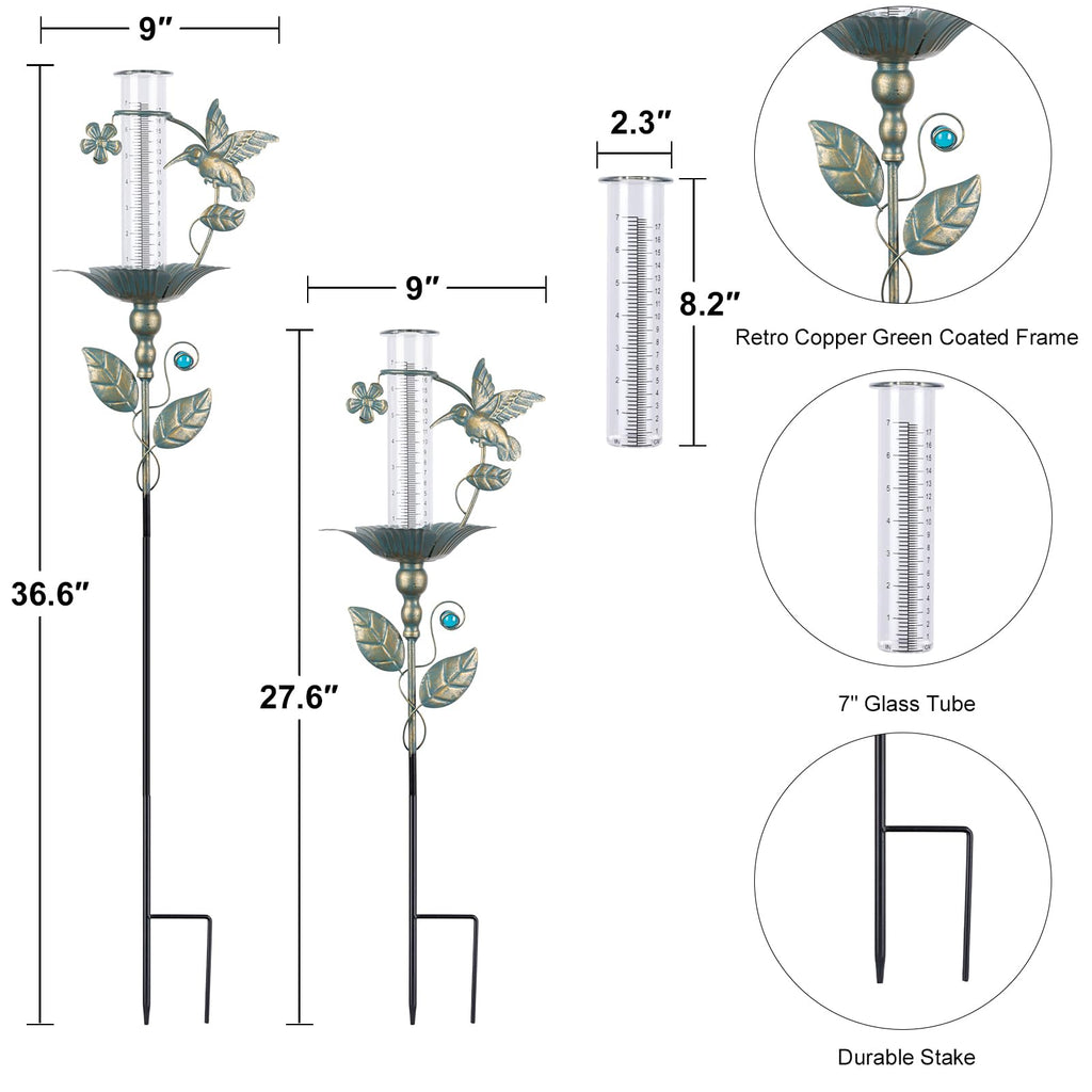 Rain Gauge Outdoor Decorative Hummingbird 7" Metal Rain Gauges Glass Tube | for Yard Garden,Pathway, Patio Freeze Proof Height Adjustable, Metal Water Gauge for Rain