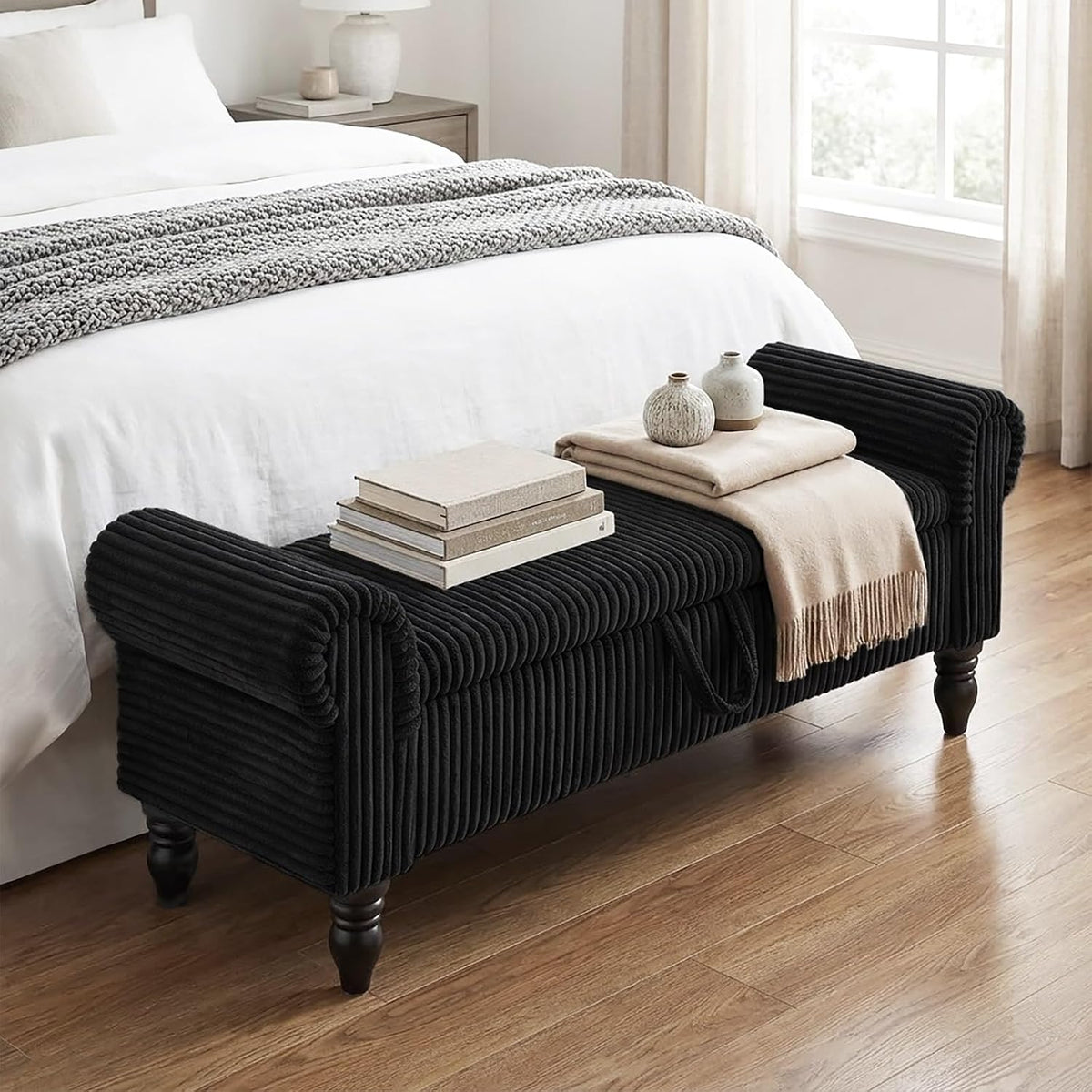 55" Corduroy Storage Ottoman Bench, Queen Bed, Black | End of Bed, Bedroom/Entryway/Closet, Window Seat, Lift-Top Storage, Tufted Button, Solid Wood Legs, for Queen & King