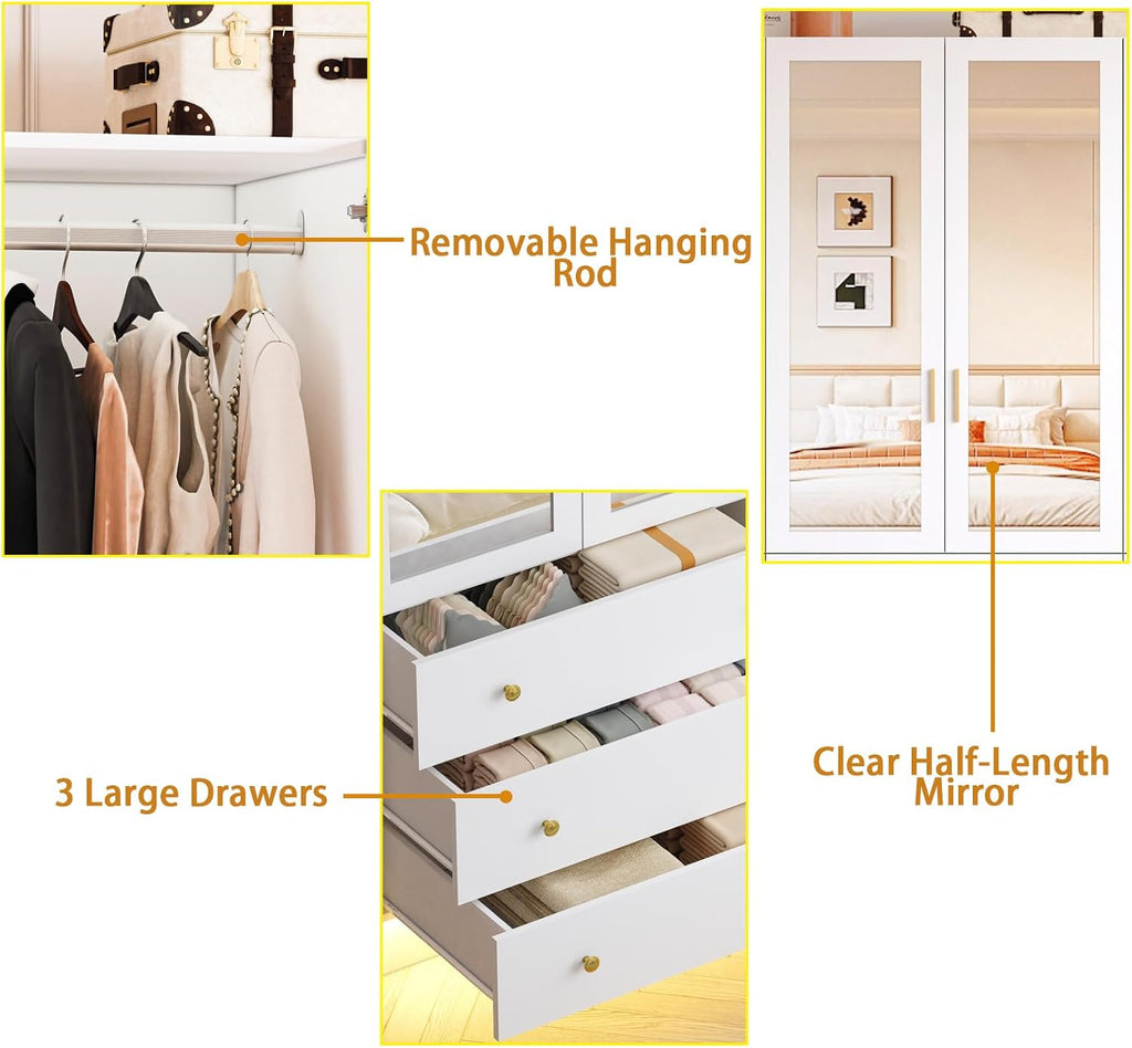 4 Doors LED Armoire Wardrobe Closet with Mirror, 75" Tall Modern Wooden Wardrobe Closet with 3 Drawers, Freestanding Clothing Storage Cabinet with Hanging Rod, Adjustable Shelves, White