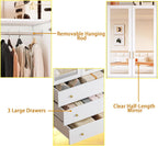 4 Doors LED Armoire Wardrobe Closet with Mirror, 75" Tall Modern Wooden Wardrobe Closet with 3 Drawers, Freestanding Clothing Storage Cabinet with Hanging Rod, Adjustable Shelves, White