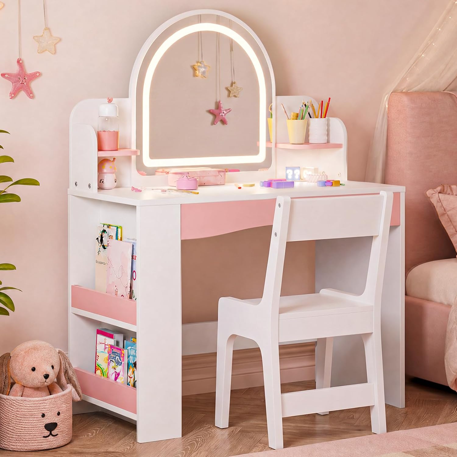 Teckid Kids Vanity Table and Chair Set with Lighted USB Mirror & Shelf | 3-mode USB lighted mirror with USB port. Open bookshelf. Small shelf below. Round corners. Stable stool. Easy to clean