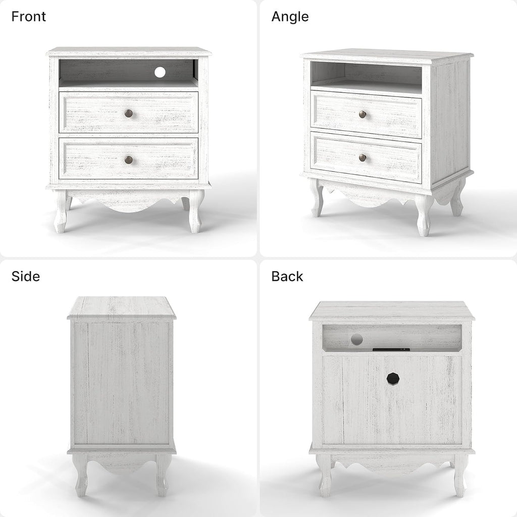 Solid Wood Nightstands Set of 2, Fully Assembled Night Stand with 2 Drawer & Open Shelf Storage, Bedside Table with Charging Station, Mid-Century Modern End Table for Bedroom, White