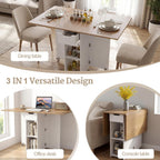 GOFLAME Drop Leaf Dining Table for 2-4, Folding Kitchen Table with Open Shelves & Drawer, Lockable Wheels, Space Saving Extendable Table for Dining Room, Living Room, Small Space, Natural & White