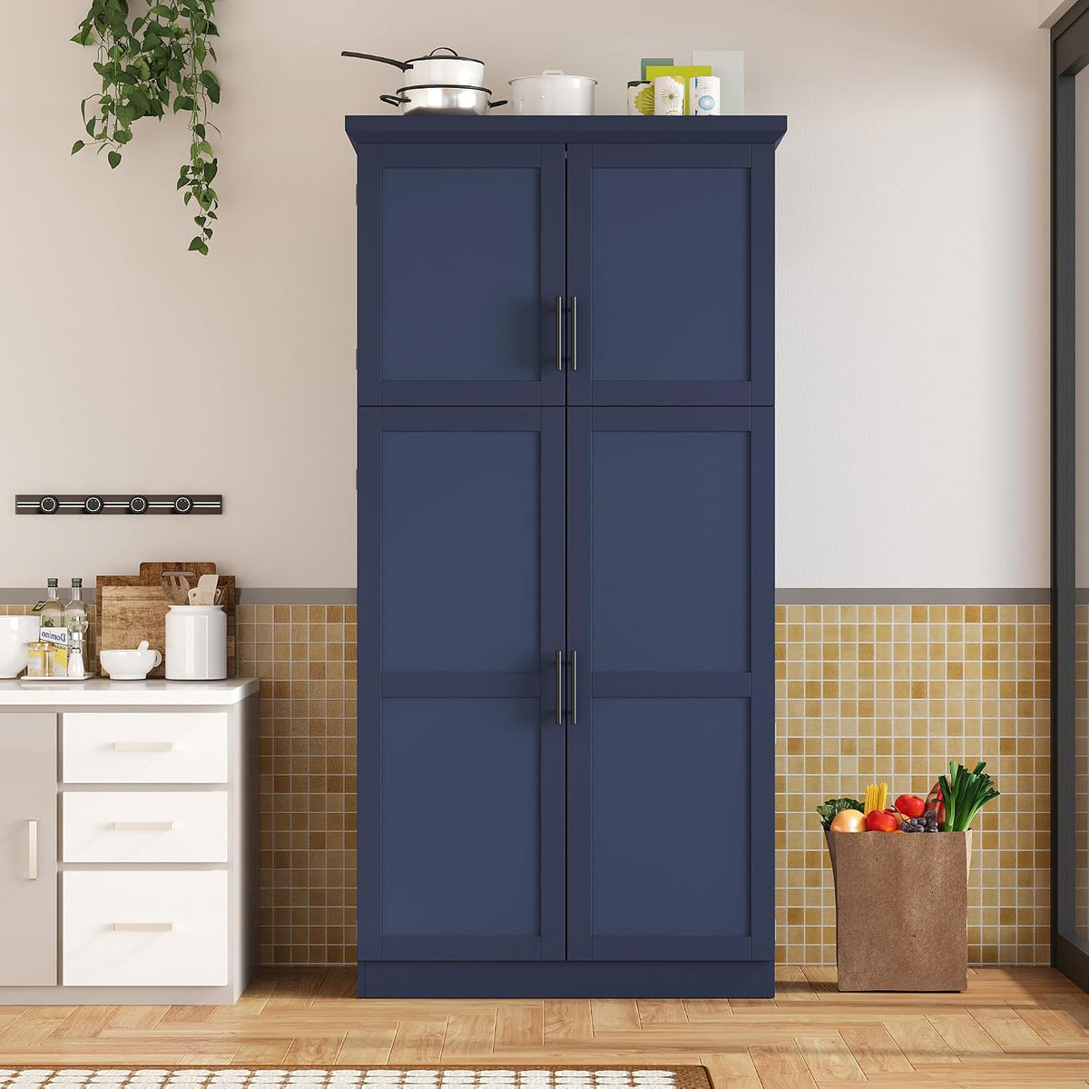 Freestanding Kitchen Pantry 35.5"x17.6"x70.9" Modern Pantry Cabinet with 4 Doors, 2 Door Shelves, 8 Pull-Out Trays and Adjustable Shelf Storage Cabinet Cupboard for Kitchen, Dining Room, Blue