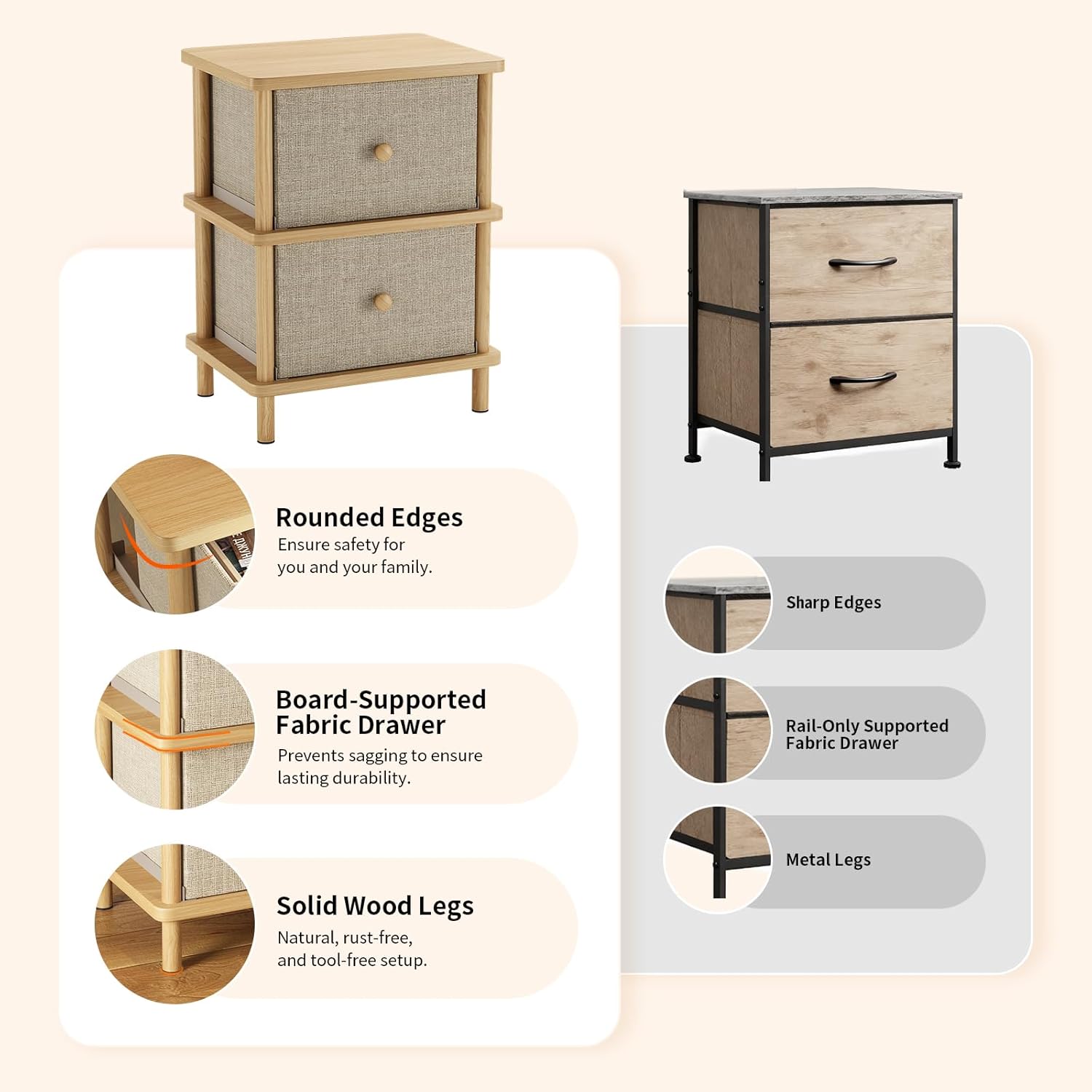 Apicizon Nightstand with 2 Storage Drawers, Boho Side Table with Solid Wood Legs, End Table for Small Spaces, Bedroom, Living Room, Entryway, Natural
