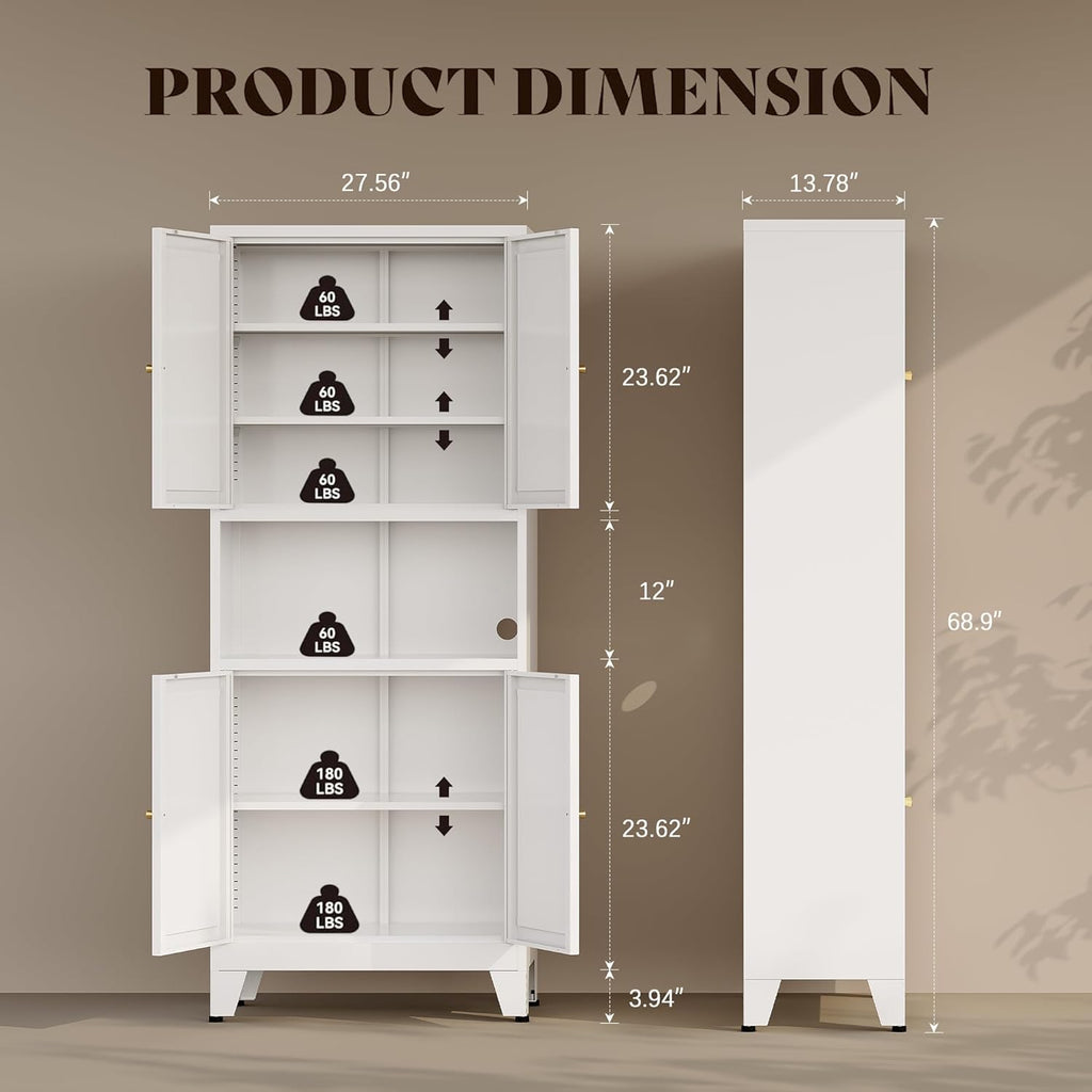 69"H Kitchen Pantry Cabinet with Countertop and Microwave Shelf,Metal Microwave Stand Cabinet with Storage，White Farmhouse Food Storage cabinet,Tall Freestanding Pantry Cabinets for Dining Room