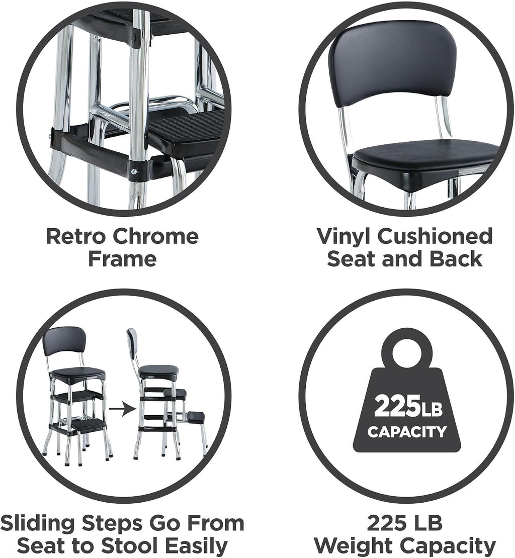 COSCO Retro Plastic & Vinyl Upholstered Stylair Retro Counter Height Chair with Step Stool, Comfortable Cushioned Seat and Back, in Black & Chrome Finish
