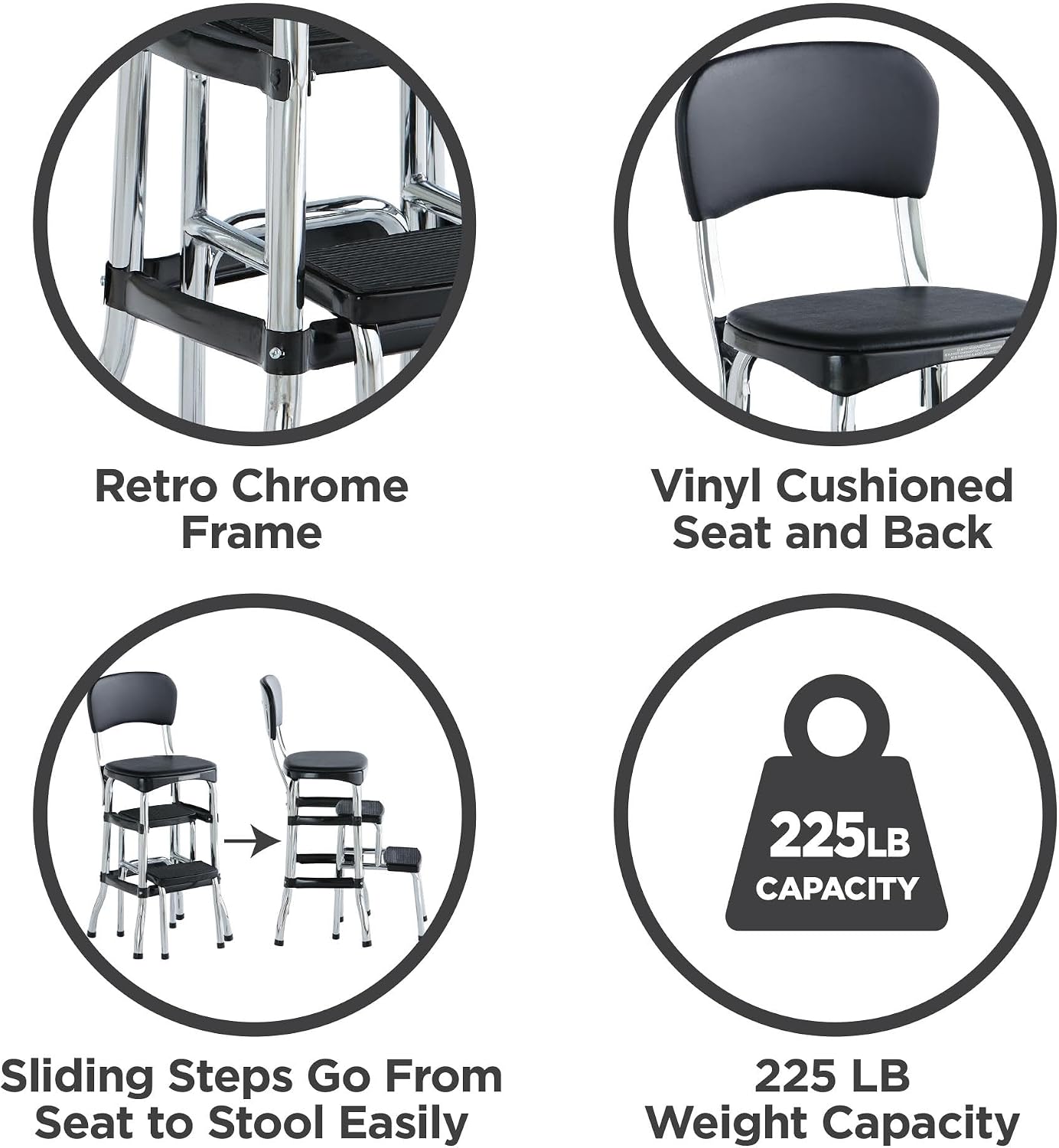 COSCO Retro Plastic & Vinyl Upholstered Stylair Retro Counter Height Chair with Step Stool, Comfortable Cushioned Seat and Back, in Black & Chrome Finish