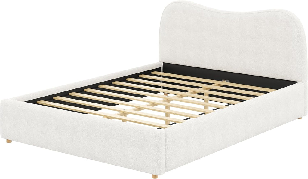 SOFTSEA Queen Size Cloud Bed Frame with Headboard, Boucle Upholstered Platform Bed Frame with Soft Rounded Corners, Wood Slat Support, No Box Spring Needed, Noise-Free, White