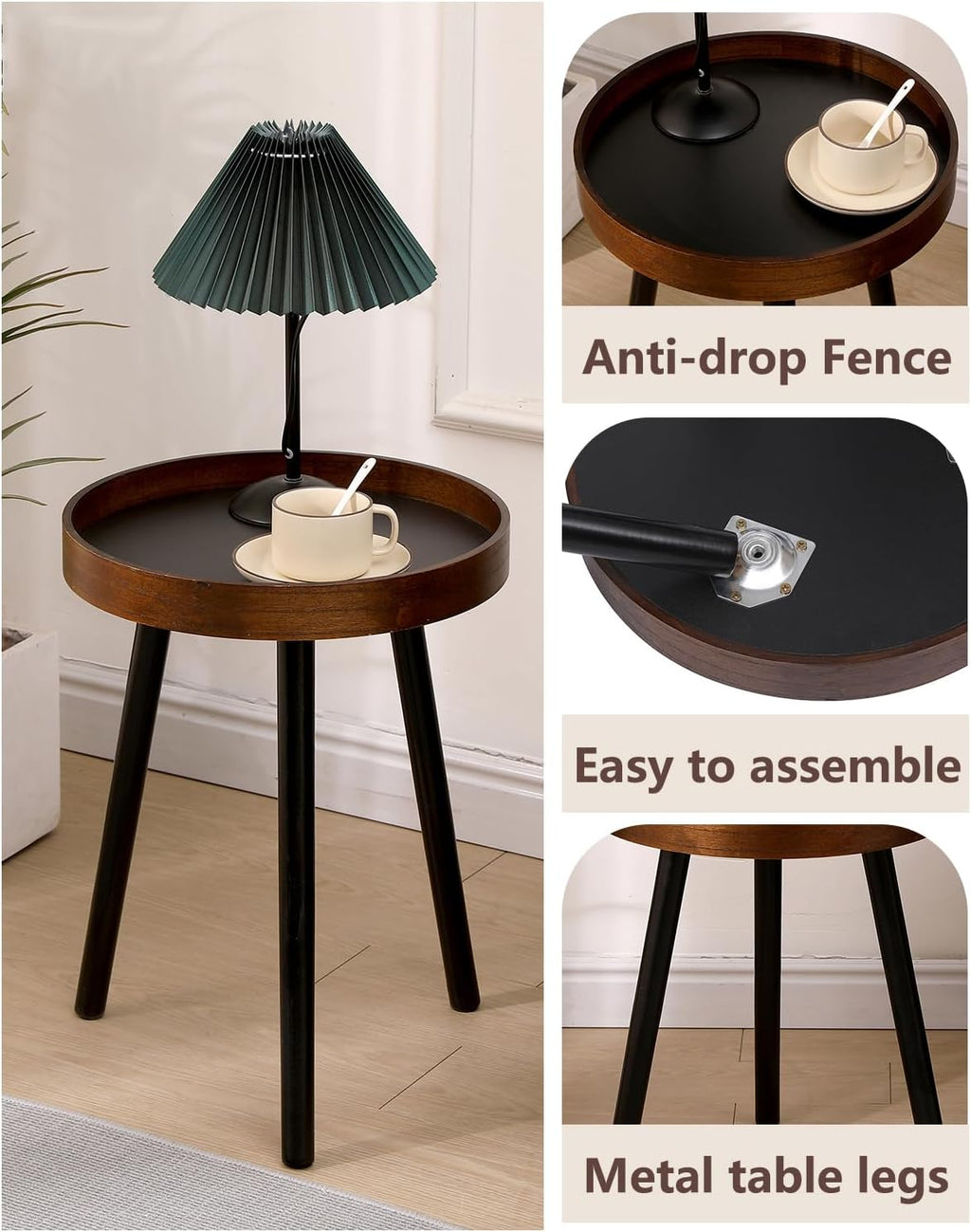 Small Round Side Table, Solid Wood End Table with 3 Metal Legs, Modern Accent Table Circle Coffee Table for Living Room Bedroom Office and Small Spaces, 15.7 * 15.7 * 18 inch