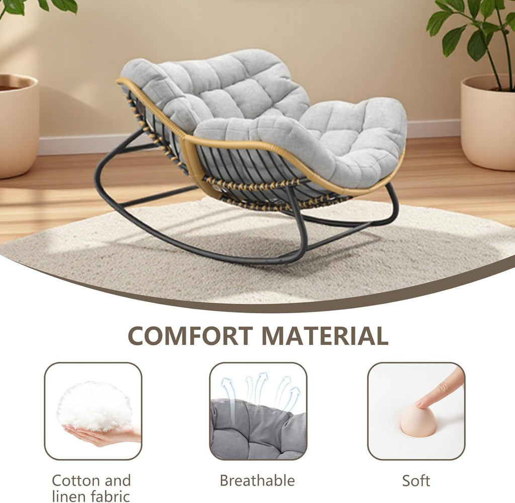 Papasan Rocking Chair with Comfy Thick Cushion, Oversized Outdoor Rocking Chair with Steel Frame, Wicker Rattan Lounge Rocker, Indoor Outdoor Egg Chair for Patio, Balcony, Living Room, Gray