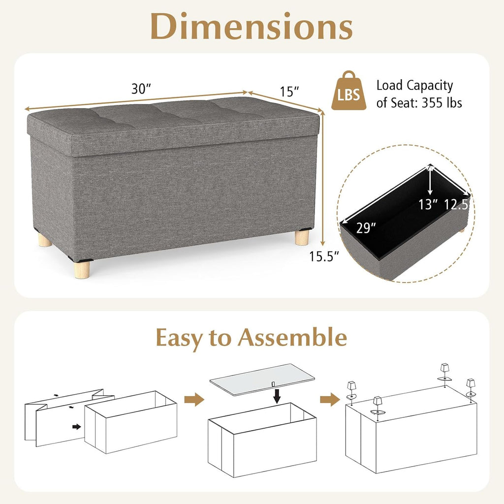 GOFLAME 30 Inches Storage Ottoman Bench, Linen Fabric Footstool with Flip Top Tray, Padded Foot Rest Stool, Rectangular Eed of Bed Bench, Storage Chest for Living Room, Entryway, Bedroom