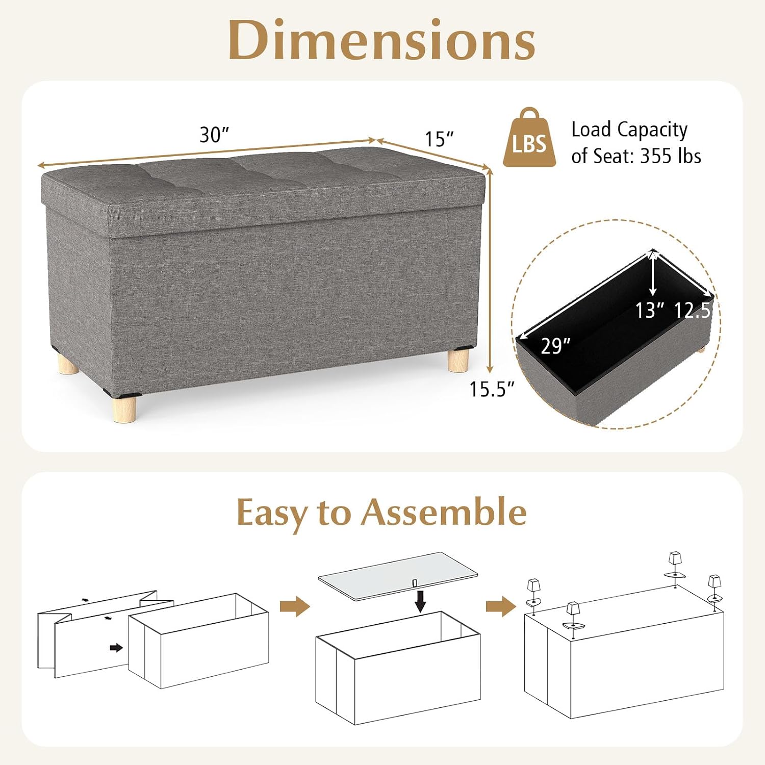GOFLAME 30 Inches Storage Ottoman Bench, Linen Fabric Footstool with Flip Top Tray, Padded Foot Rest Stool, Rectangular Eed of Bed Bench, Storage Chest for Living Room, Entryway, Bedroom