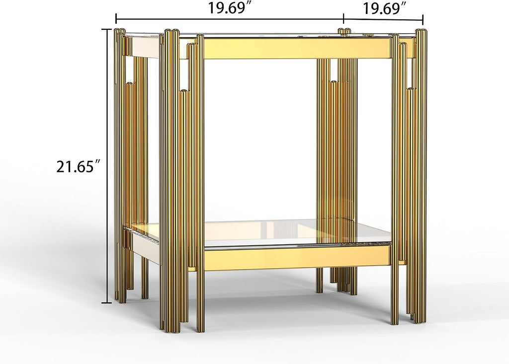 Small Side Table, Square End Table with Tempered Glass & Irregular Gold Stainless Steel Base, 2-Tier Modern Glass End Table with Storage Shelves, Luxury Accent Sofa Table for Living Room, Bedroom