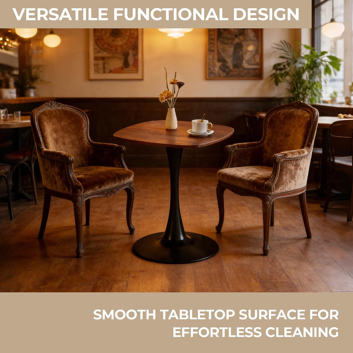 24" Square Tulip Dining Table for 2-4, Modern Kitchen Table with Pedestal Base, End Table Drink Table Small Bistro Table for Small Spaces, Apartment, Cafe, Office, Living Room (Black + Dark Walnut)
