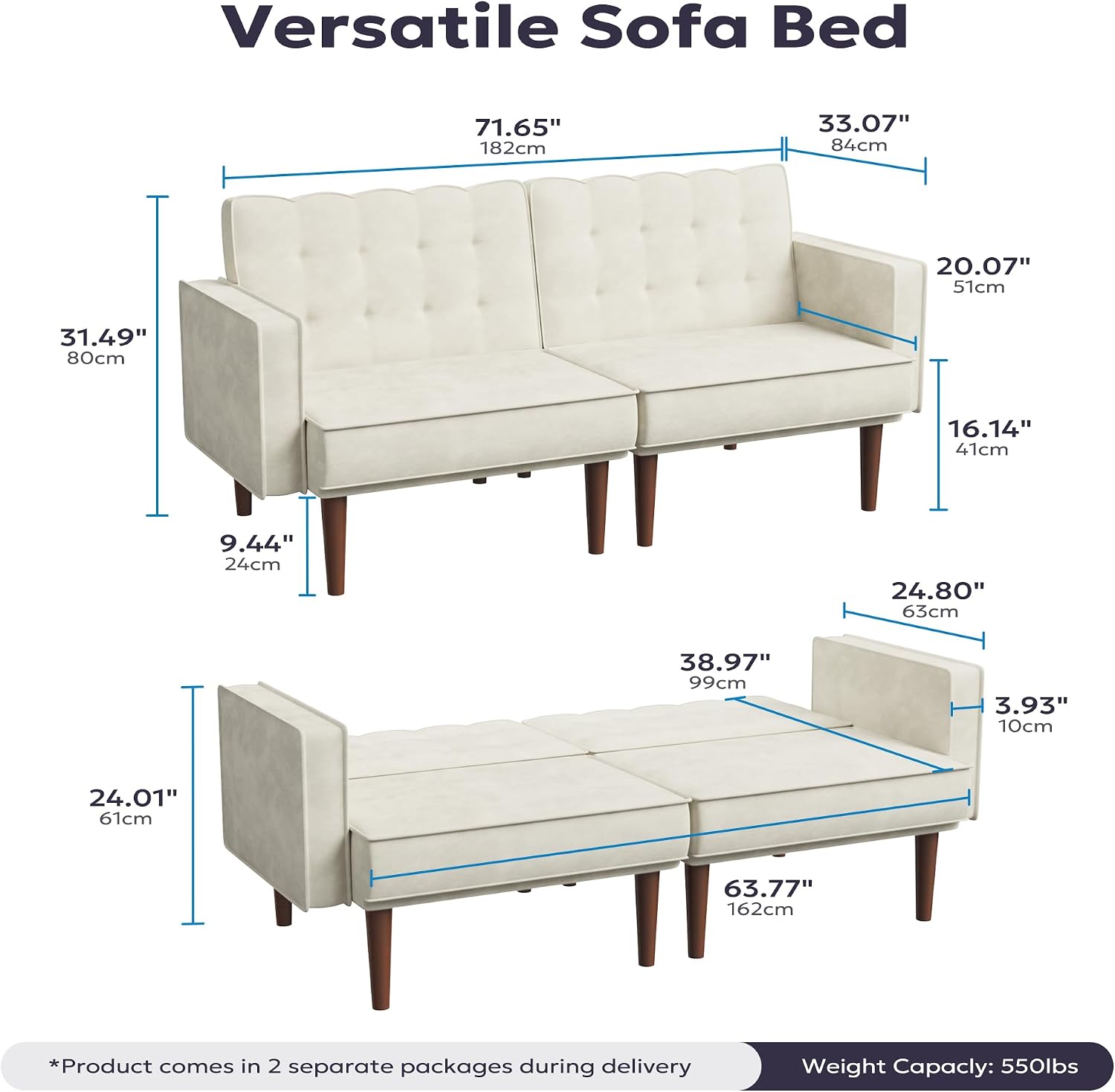 Furnify 71" Velvet Futon Sofa Bed, Versatile Loveseat Couch, Sleeper Sofa with Adjustable Backrest, Mid Century Modern Futon Couch for Small Space, Living Room, Office & Apartment, Velvet Fabric Beige