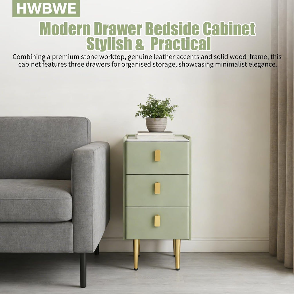 Narrow Nightstand with Drawers, Narrow Side Table Leather, Three-Layer Drawer Night Stand Small Bedside Tables for Living Room, Bedroom & Office (Green)