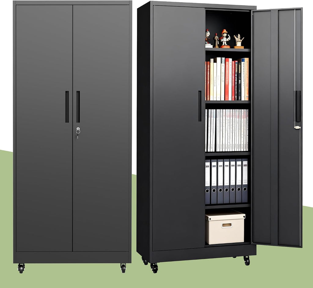 Metal Storage Cabinet with Wheels, 73" H Garage Storage Cabinet with Doors and Adjustable Shelves, Heavy Duty Locking Tool Cabinet Utility Cabinets for Home Office, Garage, Warehouse (Black)