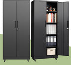 Metal Storage Cabinet with Wheels, 73" H Garage Storage Cabinet with Doors and Adjustable Shelves, Heavy Duty Locking Tool Cabinet Utility Cabinets for Home Office, Garage, Warehouse (Black)