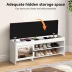 40.5 in Shoe Bench with Storage, Storage Bench, Padded Seat, White | Lift-top storage, 2-tier shoe storage, adjustable shelves, mirrored cabinet doors for entryway, mudroom, bedroom