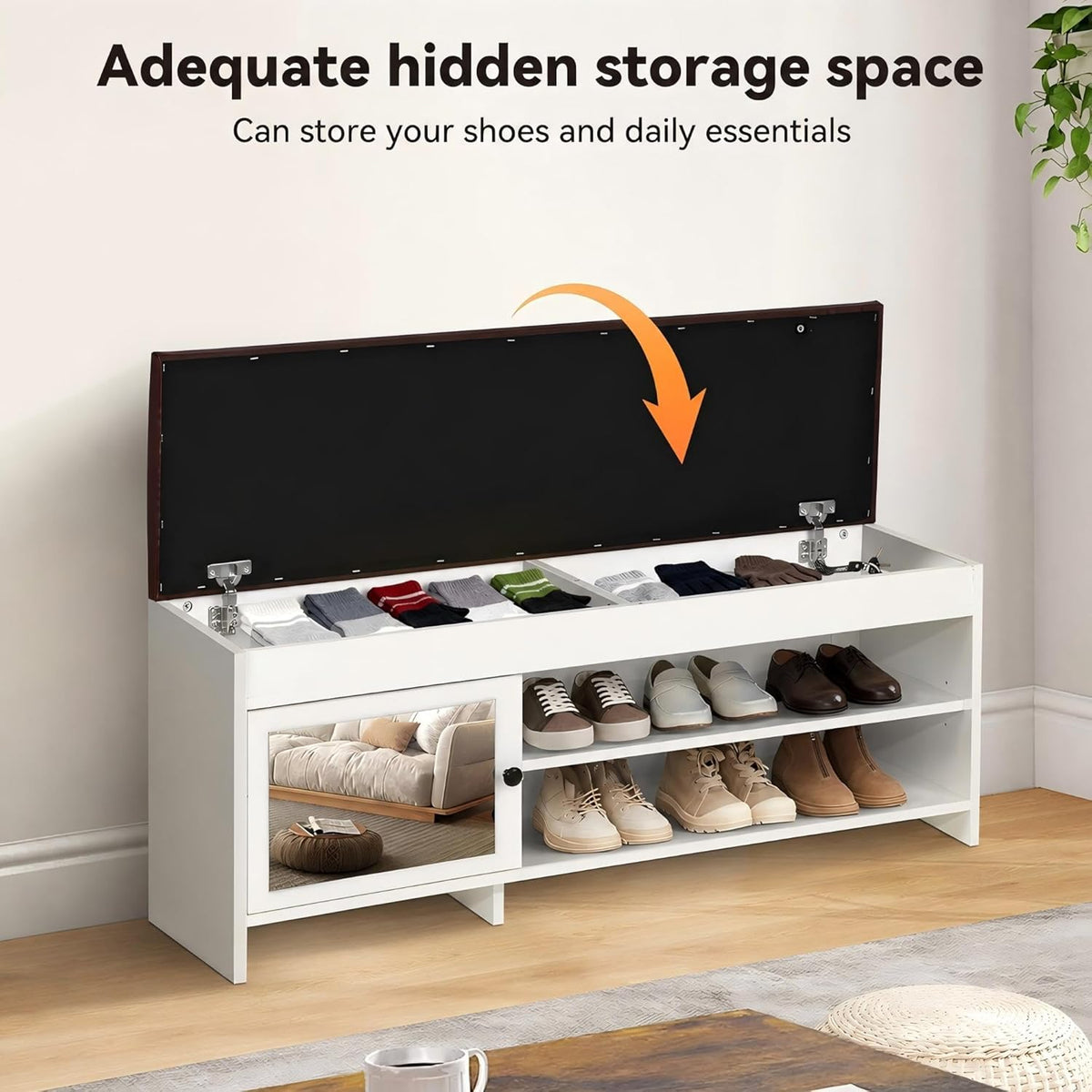 40.5 in Shoe Bench with Storage, Storage Bench, Padded Seat, White | Lift-top storage, 2-tier shoe storage, adjustable shelves, mirrored cabinet doors for entryway, mudroom, bedroom
