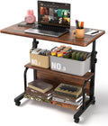 QZMDSM Portable Rolling Desk on Wheels Adjustable Height Desks for Small Spaces, 32" Computer Desk Drafting Tables with Storage Shelves for Home Office Rustic