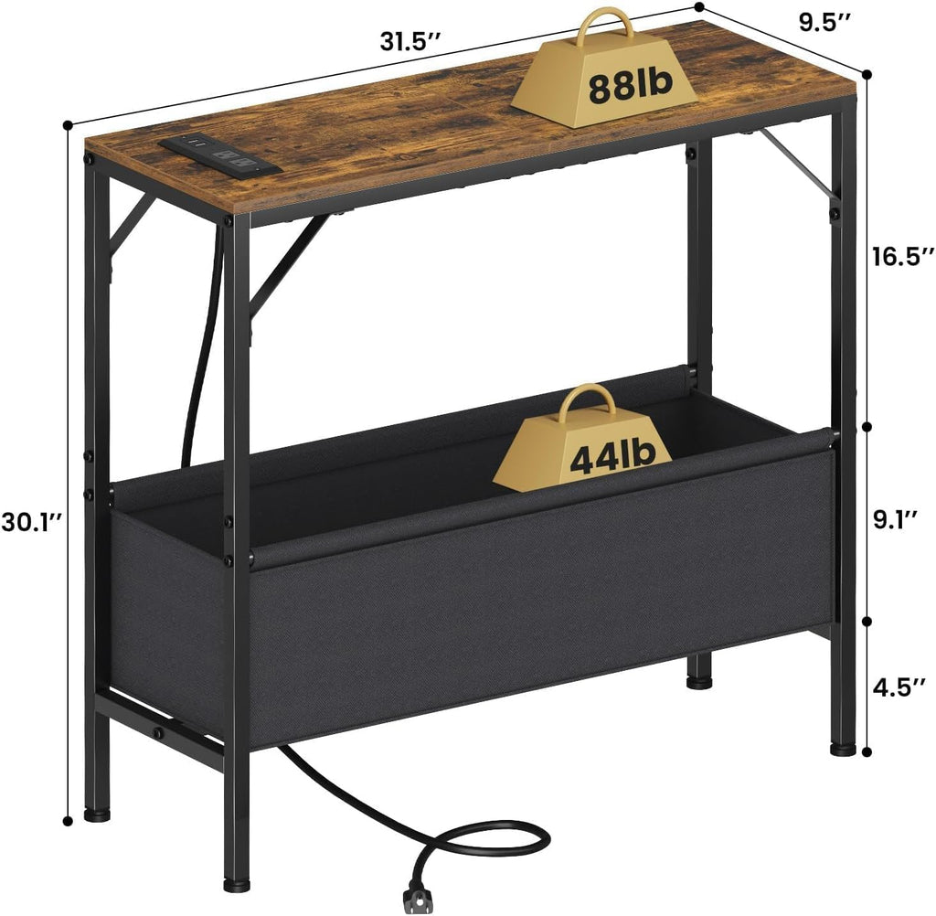Asgolion 31.5" Console Table, 9.5" D Entryway Table with Power Outlets & USB Ports & Fabric Basket, Narrow Sofa Table for Hallway, Foyer, Living Room, Rustic Brown