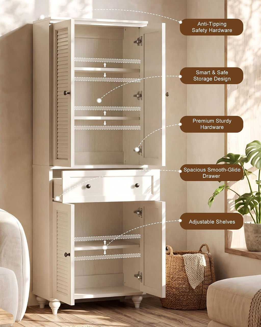 80" Kitchen Pantry Cabinet Set of 2, Farmhouse Storage Cabinets with Glass & Louvered Doors, Adjustable Shelves for Dining Room, Living Room, Home Office, Rustic White
