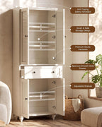 80" Kitchen Pantry Cabinet Set of 2, Farmhouse Storage Cabinets with Glass & Louvered Doors, Adjustable Shelves for Dining Room, Living Room, Home Office, Rustic White