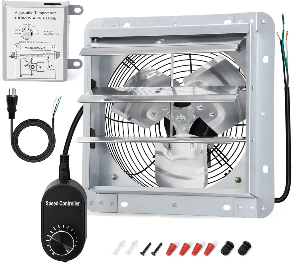 Criditpid 14 Inch Shutter Exhaust Fan, 1088 CFM Wall Mounted Attic Fan, Greenhouse Fan with Speed Controller and Thermostat for Garages, Warehouse, Shed, Basement, Chicken Coops Ventilation, 1450 RPM