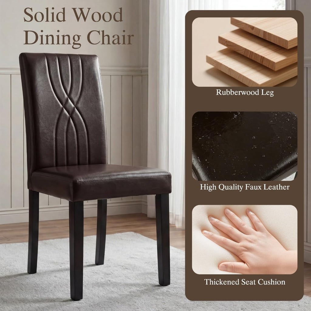 LSSBOUGHT Modern Dining Chair Set of 6,Urban Style Leather Kicthen Chairs with Solid Wood Legs for Dining Room and Restaurant (Brown-Quilted backrest)