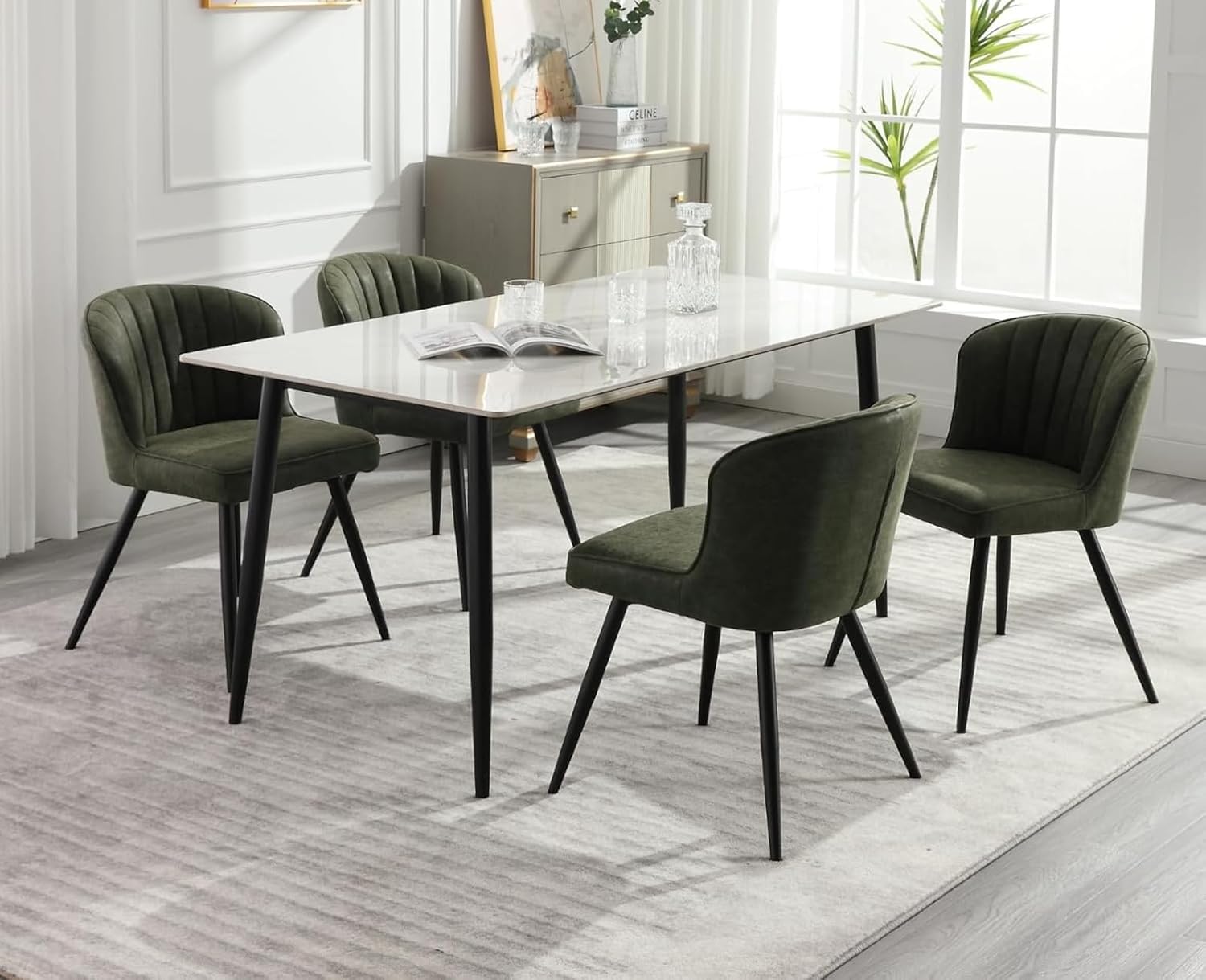 EALSON Modern Dining Chairs Set of 6, Upholstered Green Faux Leather Seater with Curved Shell Backs and Metal Legs, Armless Side Chair, for Dining Room/Kitchen/Restaurant Use