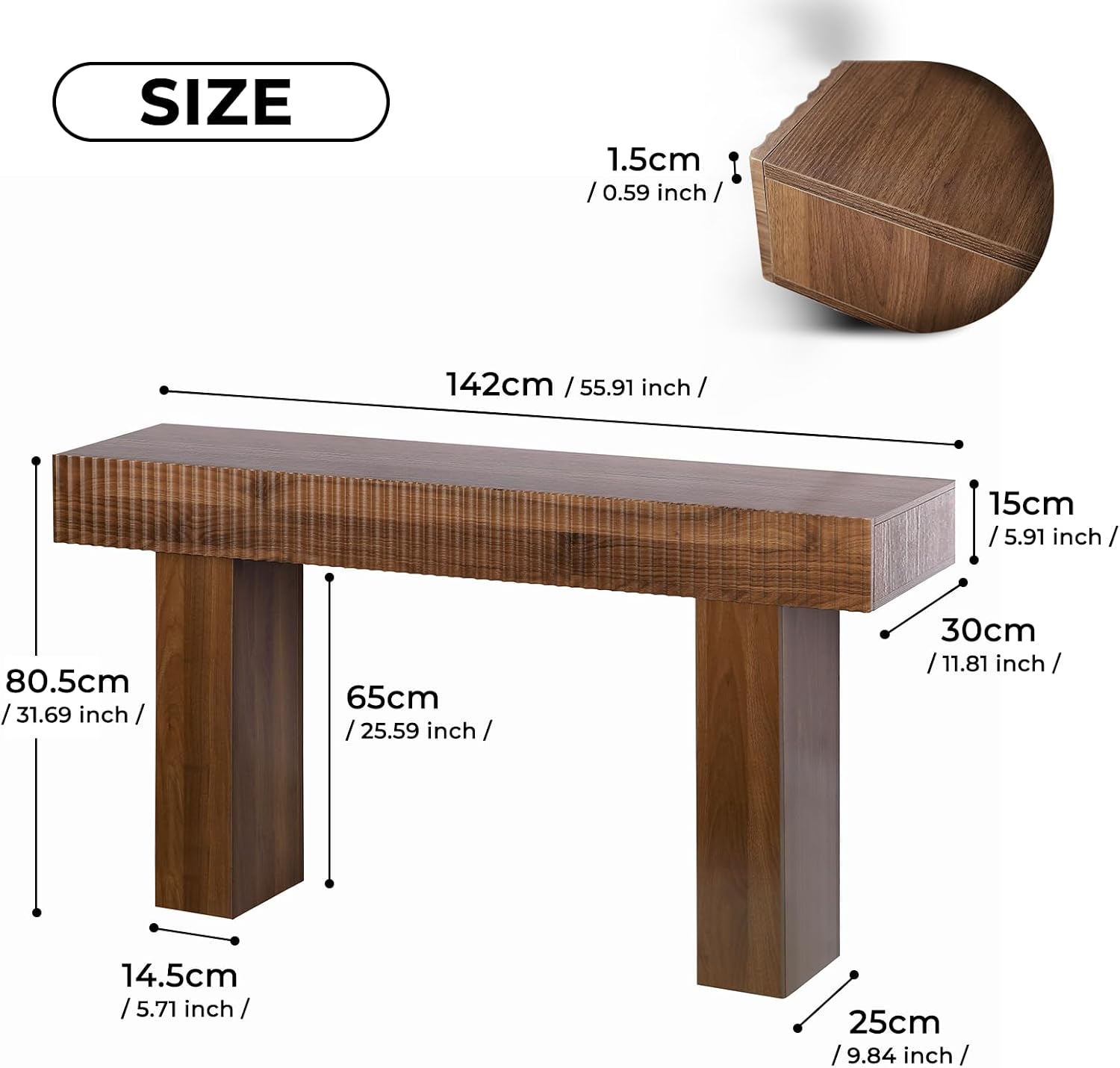 ZYBT 56" Fluted Console Table, Boho Vanity Desk Wooden Narrow Sofa Table Behind The Couch, Farmhouse Entryway Table for Entrance, Hallway,Living Room,Bedroom, Home Office,Brown