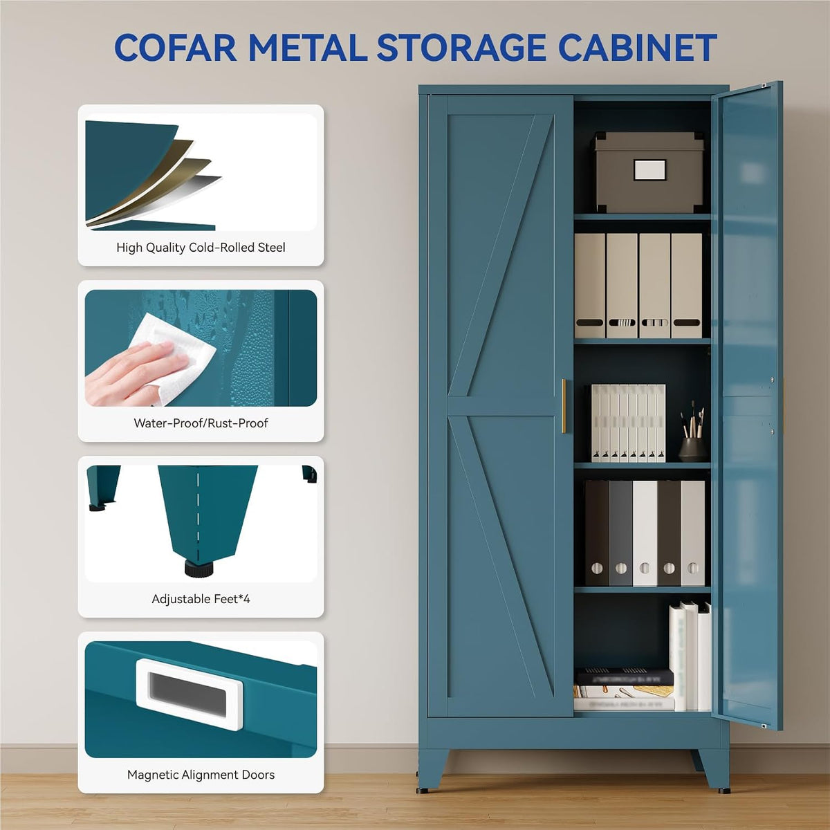 COFaR Metal Pantry Cabinet with Doors, Farmhouse 71'' Tall Storage Cabinet with 4 Adjustable Shelves, Kitchen Pantry Cabinet for Dinning Room, Laundry, Peacock Blue 5-Tier
