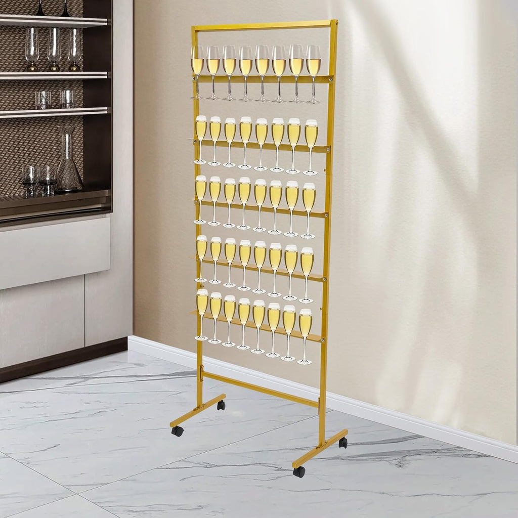 Champagne Wall Holder for Party, 5 Layer Movable Champagne Flute Holder Display Hold 40 Glasses, Metal Champagne Wall Stand, Drink Wall for Wedding, Bar Decor (Gold)