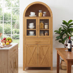 Polibi 71" Tall Arched Kitchen Pantry Cabinet with Glass Doors,Farmhouse Storage Cabinet with Adjustable Shelves & Barn Door Design,Large Freestanding Cupboard for Kitchen, Living, Dining Room,Oak