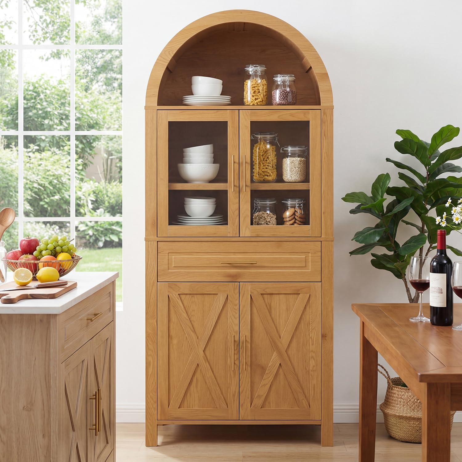 Polibi 71" Tall Arched Kitchen Pantry Cabinet with Glass Doors,Farmhouse Storage Cabinet with Adjustable Shelves & Barn Door Design,Large Freestanding Cupboard for Kitchen, Living, Dining Room,Oak