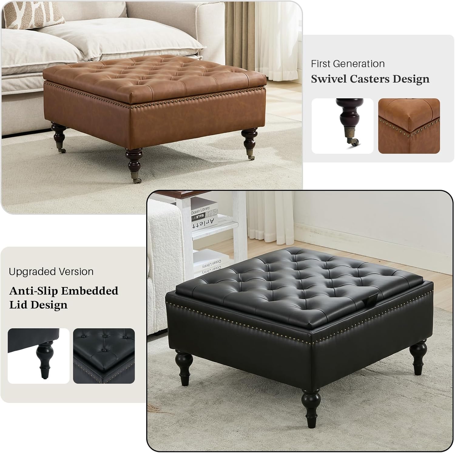 Storage Ottoman Coffee Table, Large Ottoman with Storage Oversized Square Footstool with Anti-Slip Embedded Lid, Tufted Upholstered Ottomans for Living Room, Black Faux Leather