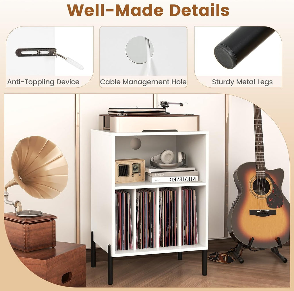Tangkula Record Player Stand, Turntable Side Table Nightstand w/Charging Station & Vinyl Record Storage Cabinet Holds up to 150 Albums, Record Player Holder for Living Room (White, 31" H)