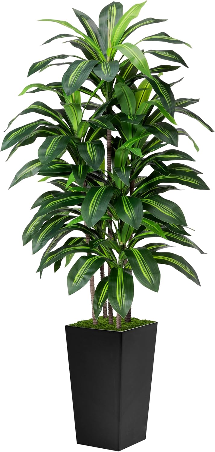 Artificial Dracaena Tree 5FT - Fake Tree with Black Tall Planter - Faux Yucca Tall Fake Floor Plant in Pot - Artificial Plant for Home Office Living Room Decor Indoor