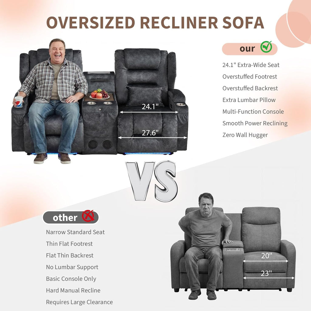 SAMERY Loveseat Recliner Sofa, Power Reclining Loveseat Sofa, Wall Hugger Recliners RV Couch with Console, Lift-Top Table, Rhythm & Ambient LED Lights, USB-C, Outlets, Velvet, Gray