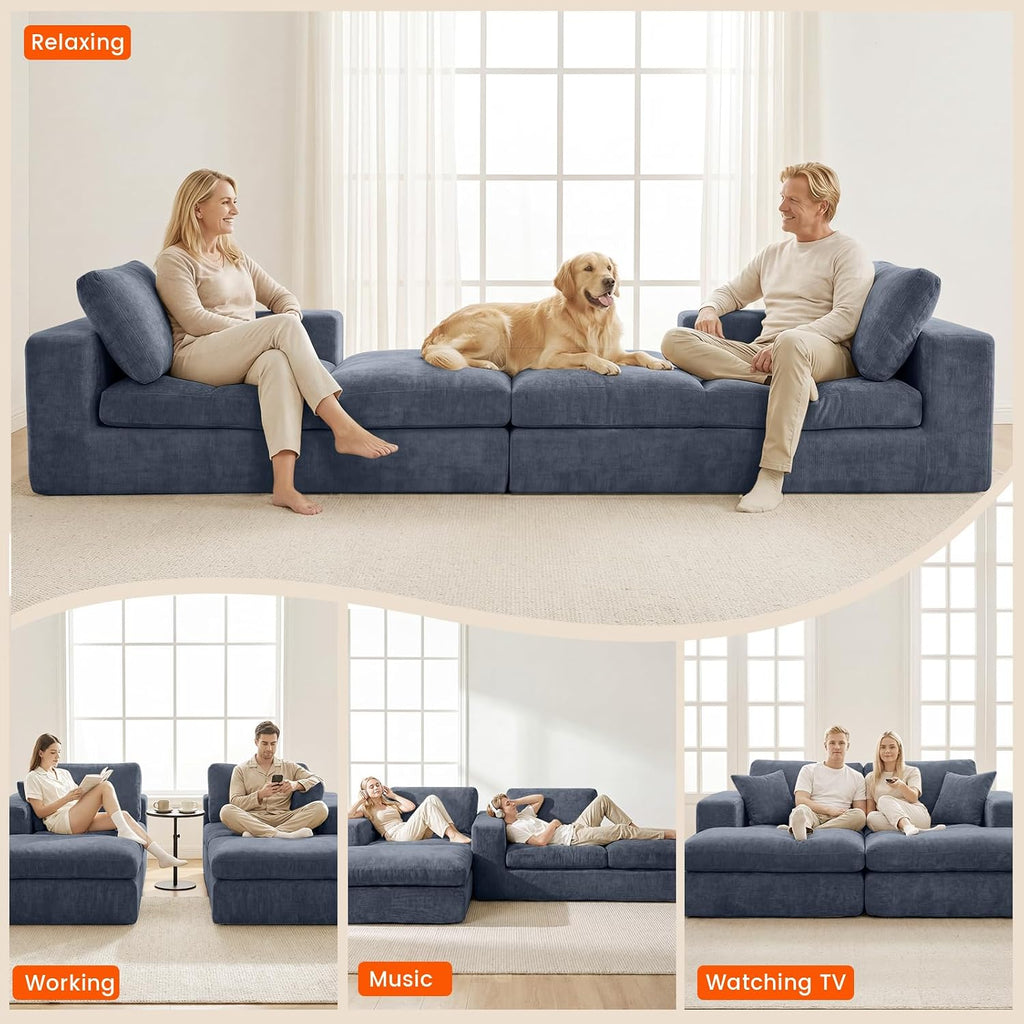 Oversized Double Chaise Lounge Chair, Cloud Sofa Bed, Blue | 59" Deep Seat Couch, Modular Oversized Loveseat, Soft Cloud Sofa, 4 Pillows, 10" Wider Armrests, Chaise Lounge Chair Indoor